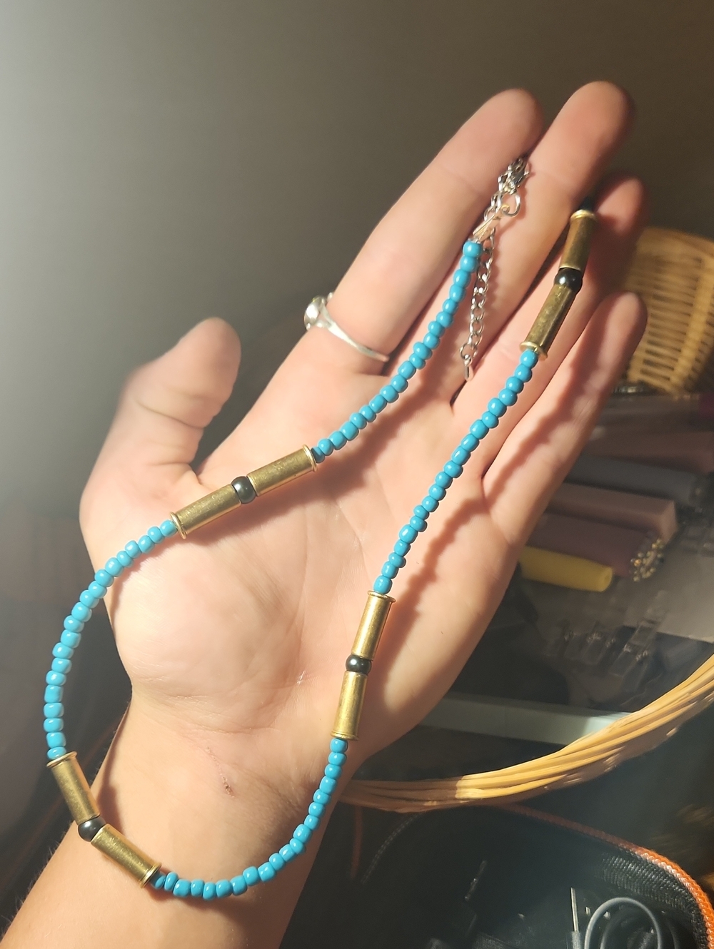 Turquoise Bead Necklace with Brass Bullet .22 Shell Accents - Women Jewelry